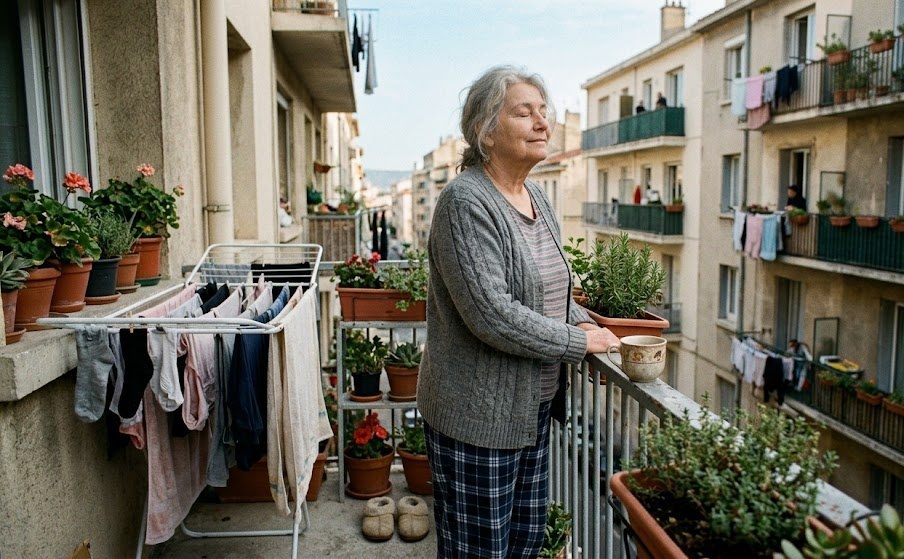 Une femme sur son balcon, les yeux fermés, respire calmement