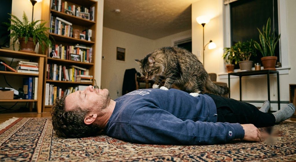 Une personne allongée sur un tapis, détendue, un chat installé sur sa poitrine