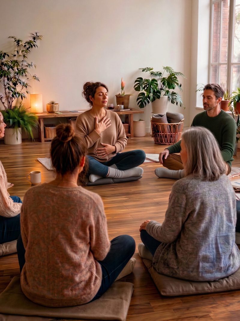 Séance collective de sophrologie : un petit groupe assis en cercle dans une salle lumineuse