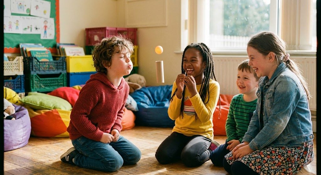 Des enfants assis en cercle, l'un souffle pour faire tenir une balle en l'air, les autres rient