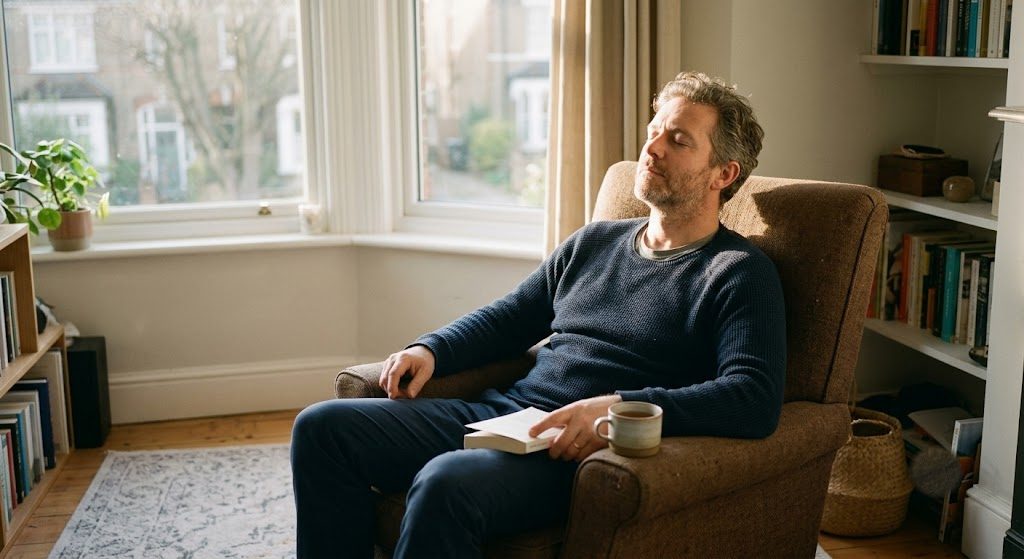 Un homme les yeux fermés dans un fauteuil, un livre et une tasse à la main
